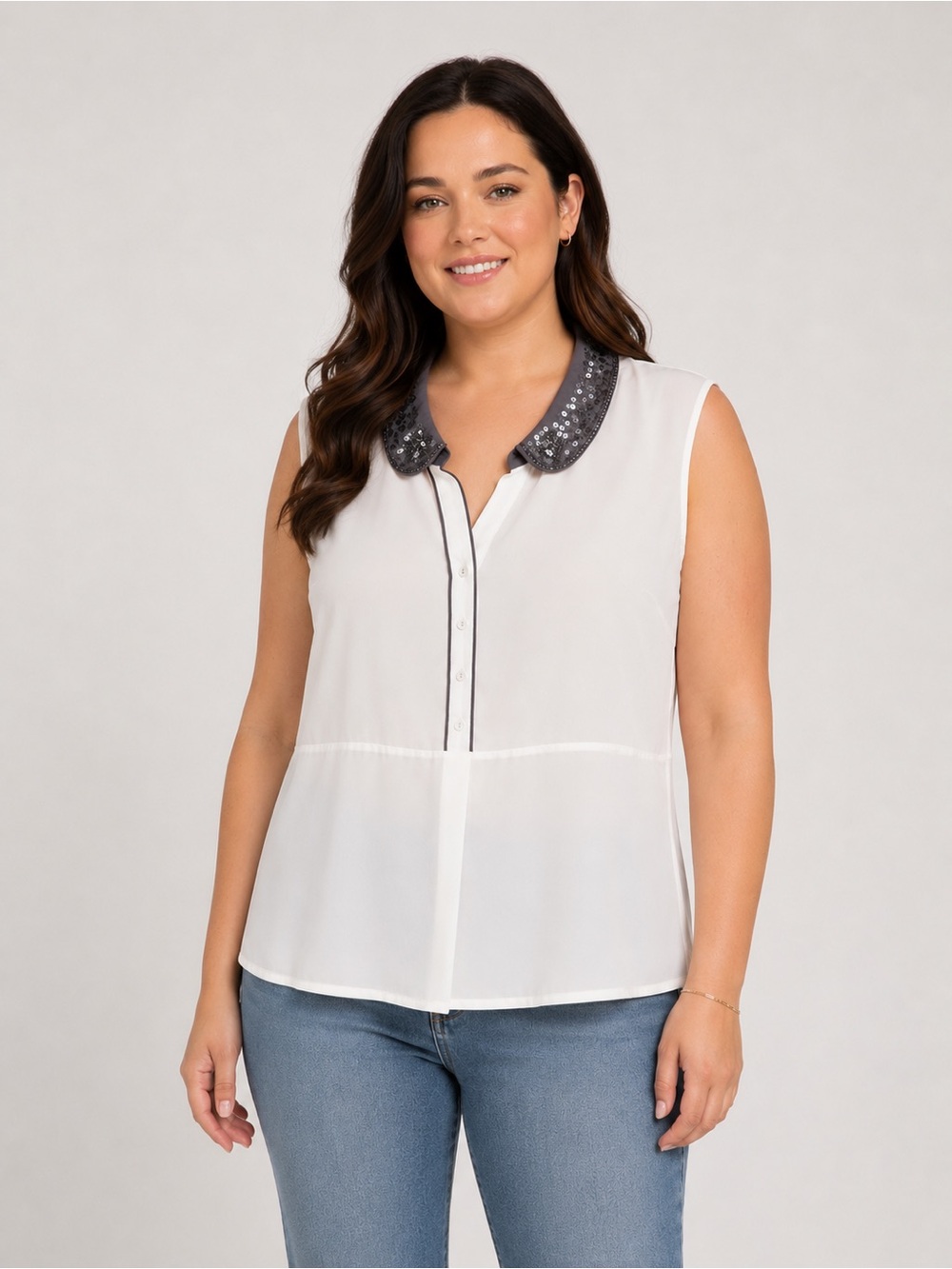 NIC+ZOE cute sheer White Sleeveless Tunic with Sequined Gray Collar